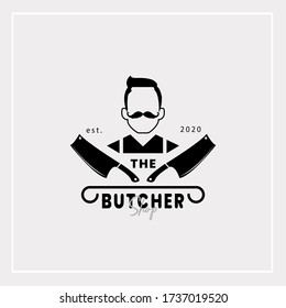 Vintage Retro Butcher shop label logo design with cleavers, Vector illustration.