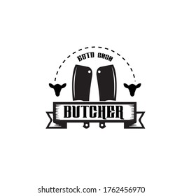Vintage Retro Butcher shop label logo design with crossed cleavers