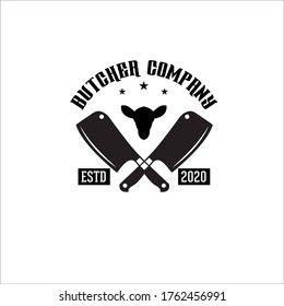 Vintage Retro Butcher shop label logo design with crossed cleavers