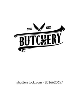 Vintage Retro Butcher shop label logo design with crossed cleavers