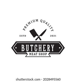 Vintage Retro Butcher shop label logo design with crossed cleavers