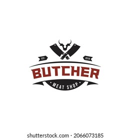 Vintage Retro Butcher shop label logo design with crossed cleavers