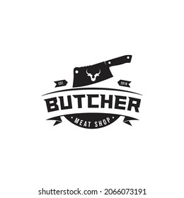 Vintage Retro Butcher shop label logo design with cleavers