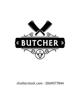 Vintage Retro Butcher shop label logo design with crossed cleavers