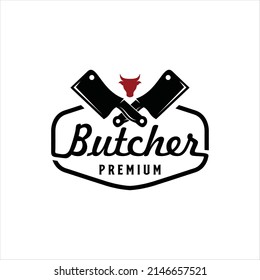 Vintage Retro Butcher shop label logo design with crossed cleavers