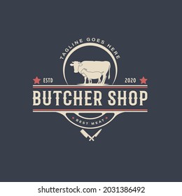 Vintage Retro Butcher Shop Logo Design. With crossed cleavers or knives, goat or sheep, and cow icons. Premium and luxury logo