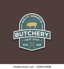 vintage retro butchery pork meat shop badge logotype. typography butchery meat shop sticker emblem logo template vector illustration design