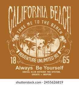 Vintage Retro California Beach print, its a tropical graphic art, typography with summer beach artwork, adventure unlimited with slogan text, grunge texture solid t shirt vector graphicness
