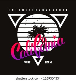 Vintage Retro California Slogan summer surf and Palm Beach style vector design tropical paradise scene with palm and typography for t-shirt and apparels print, vector illustration.