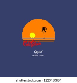 Vintage Retro California Slogan summer surf and Palm Beach style vector design tropical paradise scene with palm and typography for t-shirt and apparels print, vector illustration.