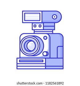 Vintage retro camera with flash. Old-fashioned collectible photographic equipment element. Antique and classic photographer device icon or photo logotype.