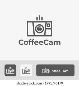 Vintage-Retro-Kamera-Logo-Design mit minimalster Art Art-Art-Kaffee-Tasse-Kombination, modernes und einfaches Symbol, um den Moment des KaffeekKaffee trinken zu erfassen
