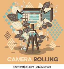 Vintage retro camera rolling on a background of leaves, and plaid. retro style, artistic style