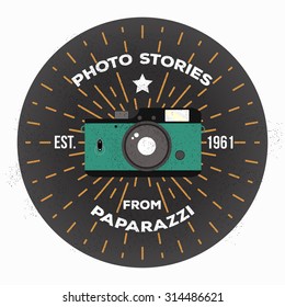 Vintage retro camera. Vector illustration. Flat style. Photography label retro studio and mass media. Photo stories from paparazzi.