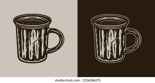 Vintage retro camping adventure travel outdoor element. Metal mug cup. Can be used for emblem, logo, badge, label. mark, poster or print. Monochrome Graphic Art. Vector Illustration. Engraving style.
