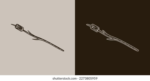 Vintage retro camping adventure travel outdoor element. Marshmallows on a stick. Can be used for emblem, logo, badge, label. mark, poster or print. Monochrome Graphic Art. Vector Illustration.
