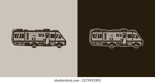 Vintage retro camping adventure travel outdoor element. Camping camper van. Can be used for emblem, logo, badge, label. mark, poster or print. Monochrome Graphic Art.	