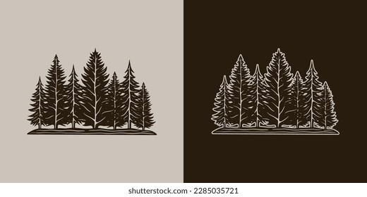 Vintage retro camping adventure travel outdoor element. Trees. Can be used for emblem, logo, badge, label. mark, poster or print. Monochrome Graphic Art. Vector Illustration.	