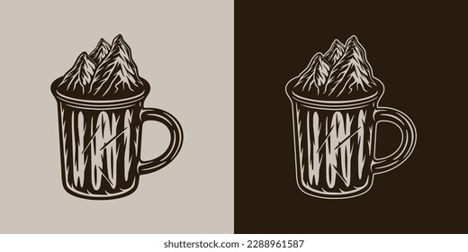 Vintage retro camping adventure travel outdoor element. Mug with mountains. Can be used for emblem, logo, badge, label. mark, poster or print. Monochrome Graphic Art. Vector Illustration.	