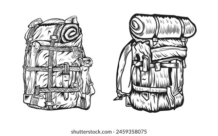 Vintage retro camping adventure travel Backpack bag vector. Engraving style.	