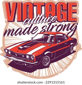Vintage Retro Car. T Shirt print 3 colours, vintage culture, made strong. Sport car illustrator.
