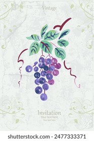 vintage retro card with bunch of purple grapes with leaves against shabby chic background. oriental watercolor painting