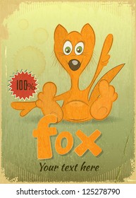 Vintage retro Card with Cartoon Fox. Place for Text. Vector Illustration.