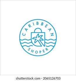 Vintage Retro Caribbean Shopper Logo Design. Natural, Beach, Coconut Tree, Shopping, Online Shopping.