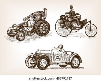 Vintage retro cars set sketch style vector illustration. Transport set. Old engraving imitation.