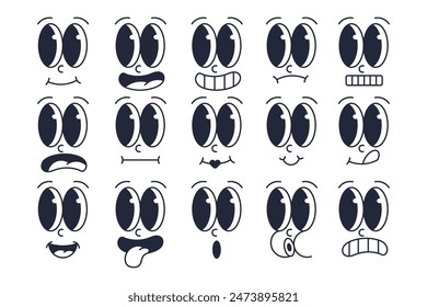 Vintage Retro Cartoon Character Facial Expressions Set. Vector Illustration