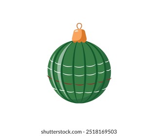 Vintage retro cartoon glass Christmas fir tree toy, baubles, ball isolated on white. Old-fashioned seasonal decoration for Xmas, ball in traditional Christmas colours red, green vector illustration.
