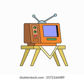 Vintage retro cartoon television on stand table perfect for  evoke nostalgia for retro technology and entertainment illustration hand drawn