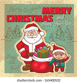 Vintage Retro Christmas Card With Cute Santa Claus.