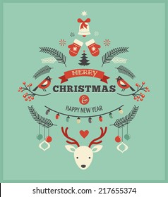 Vintage Retro Christmas design with birds, elements, ribbons and deer