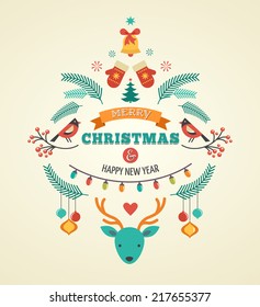 Vintage Retro Christmas design with birds, elements, ribbons and deer