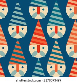 Vintage retro Christmas pattern with with Santa Claus heads .Background with Christmas gnomes 