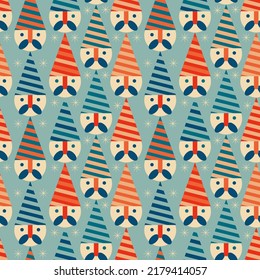 Vintage retro Christmas pattern with with Santa Claus heads .Background with Christmas gnomes 