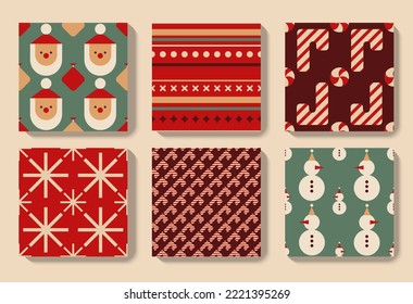 Vintage retro Christmas pattern set with Santa Claus, snowman, snowflake, candy cane, ornament. Xmas simple pereating print collection. Cartoon vector illustration