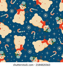 Vintage retro Christmas pattern with with Snowman and snowflakes.Background with Christmas Snowman 