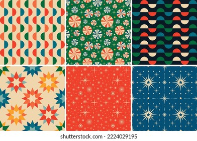 Vintage retro Christmas seamless backgrounds in the style of the 60s and 70s. Vector illustration