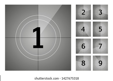 Vintage retro cinema. Countdown frame. Art design. Old film movie timer count. Vector stock illustration.