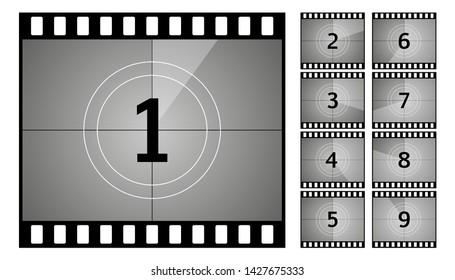 Vintage retro cinema. Countdown frame. Art design. Old film movie timer count. Vector stock illustration.