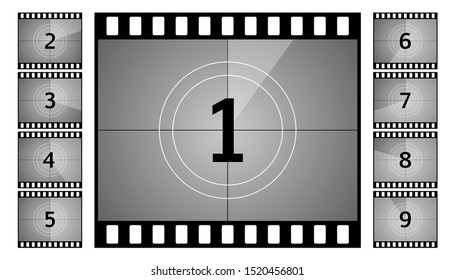 Vintage retro cinema. Countdown frame. Art design. Old film movie timer count. Vector illustration.