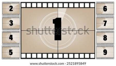 Vintage retro cinema. Countdown frame. Art design. Old film movie timer count.	