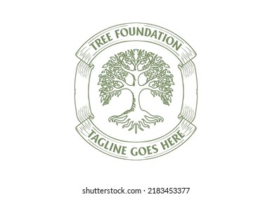 Vintage Retro Circular Oak Banyan Tree Service Of Life Badge Label Seal Sticker Logo Design Vector