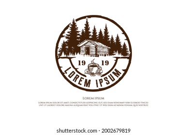 Vintage Retro Circular Pine Trees Forest with Barn Cabin Chalet and Coffee Logo Design Vector