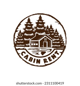Vintage Retro Circular Pine Trees Forest with Rent Cabin Chalet Logo Design Vector