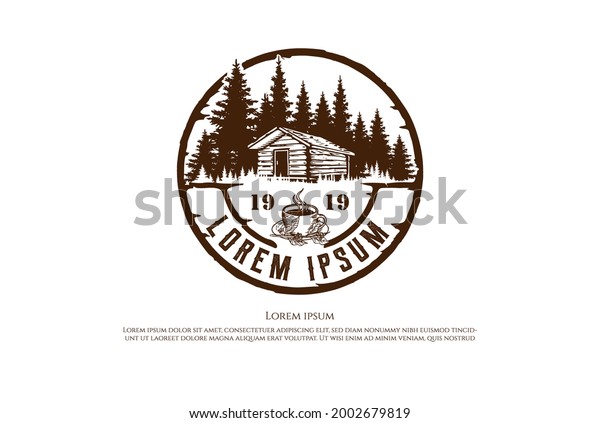 Vintage Retro Circular Pine Trees\
Forest with Barn Cabin Chalet and Coffee Logo Design\
Vector