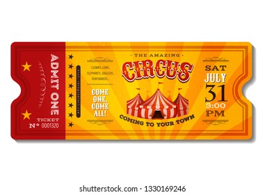 Vintage Retro Circus Ticket/ Illustration of a vintage and retro design circus ticket, with big top, admit one coupon mention, bar code and text elements for arts festival and events