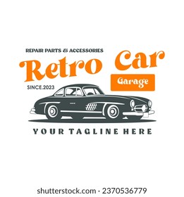 Vintage or retro or classic car logo design  vector illustration. Retro emblem of car repair  restoration and club design element.